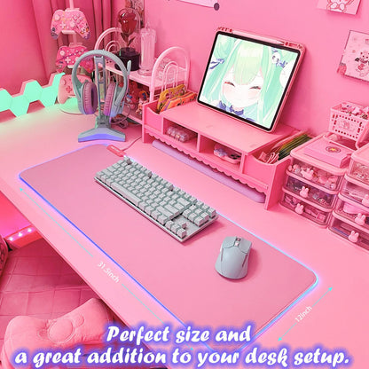 JMIYAV Pink RGB Gaming Mouse Pad - 31.5x12 Inch Extended LED Light Up Desk Pad with Non-Slip Rubber Base for PC Gaming Setup
