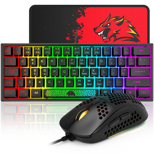60% Gaming Keyboard and Mouse Combo Portable Mini RGB Backlight Black White Duble Color Keycaps Mechanical Feeling and RGB 6400 DPI Honeycomb Optical Mouse Gaming Mouse pad for Gamers and Typists