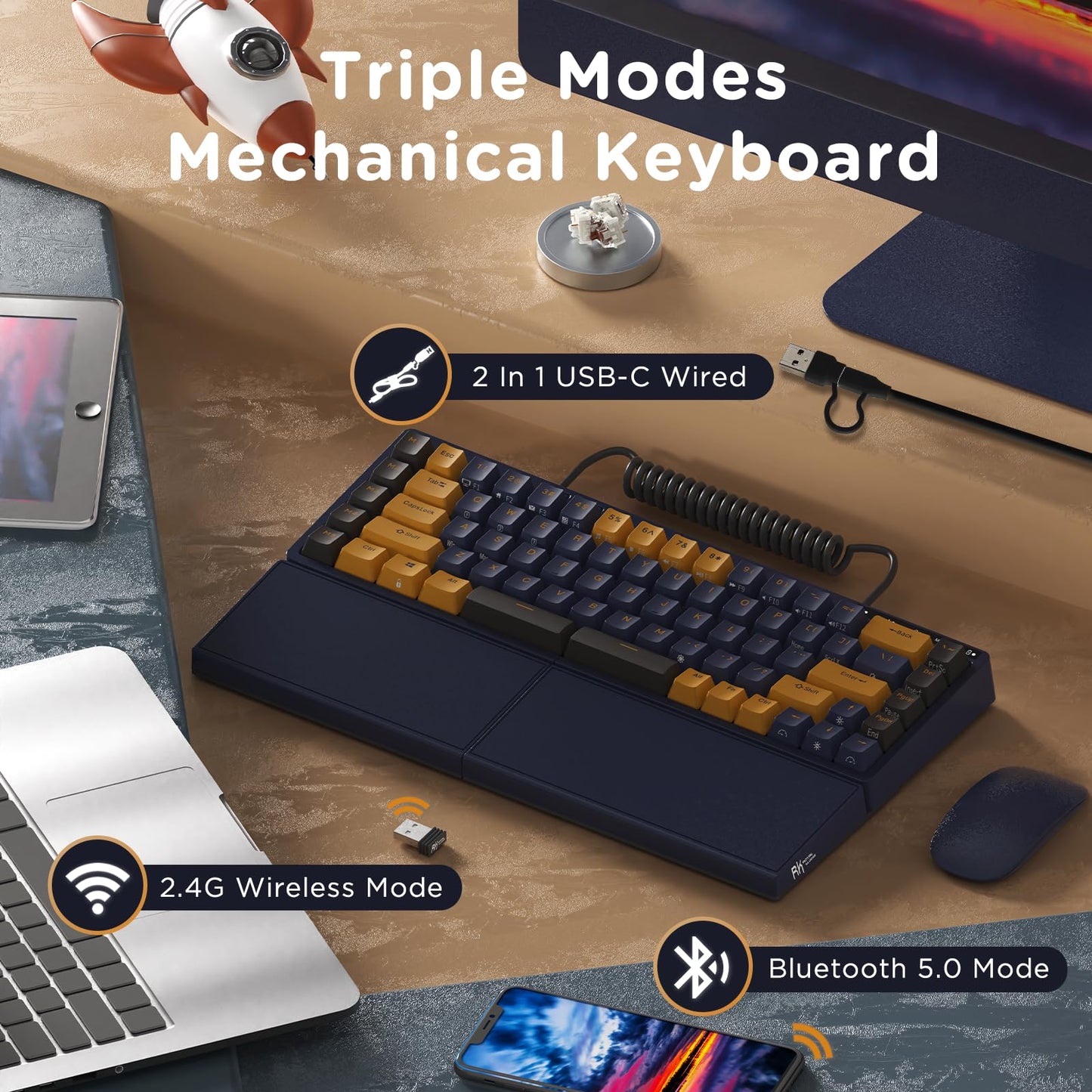 RK ROYAL KLUDGE RKS70 Wireless Ergonomic Split Keyboard, RGB Hot Swappable, Bluetooth/2.4G/Wired, Black