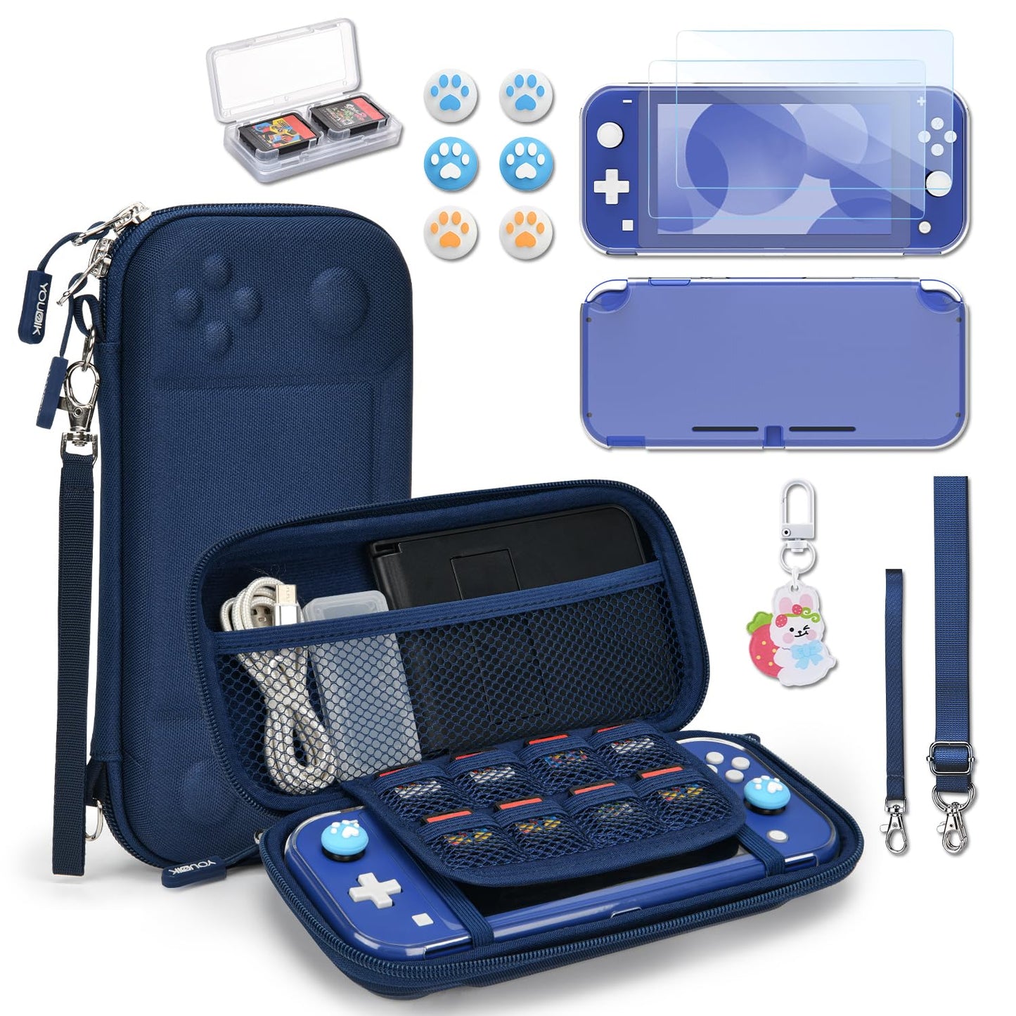 Younik Switch Lite Case  Portable Switch Lite Carrying Case  14 in 1 Accessories Kit with Carrying Case  Protective Cover  Game Card Case  Screen Protectors  Thumb Grips  Pendant and straps (Blue)