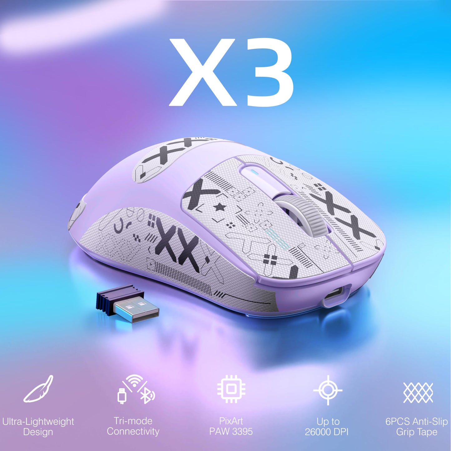 ATTACK SHARK X3 Wireless Gaming Mouse - Tri-Mode, 26K DPI, 5 Buttons, Purple, Model: dc8b44fc-2387-4547-8600