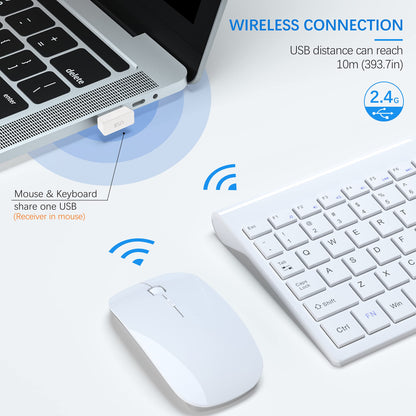TopMate Wireless Keyboard and Mouse Combo, Ultra Slim, 2.4G Silent, 2400DPI, White, Model KM9000, Batteries Included for PC/Laptop/Mac