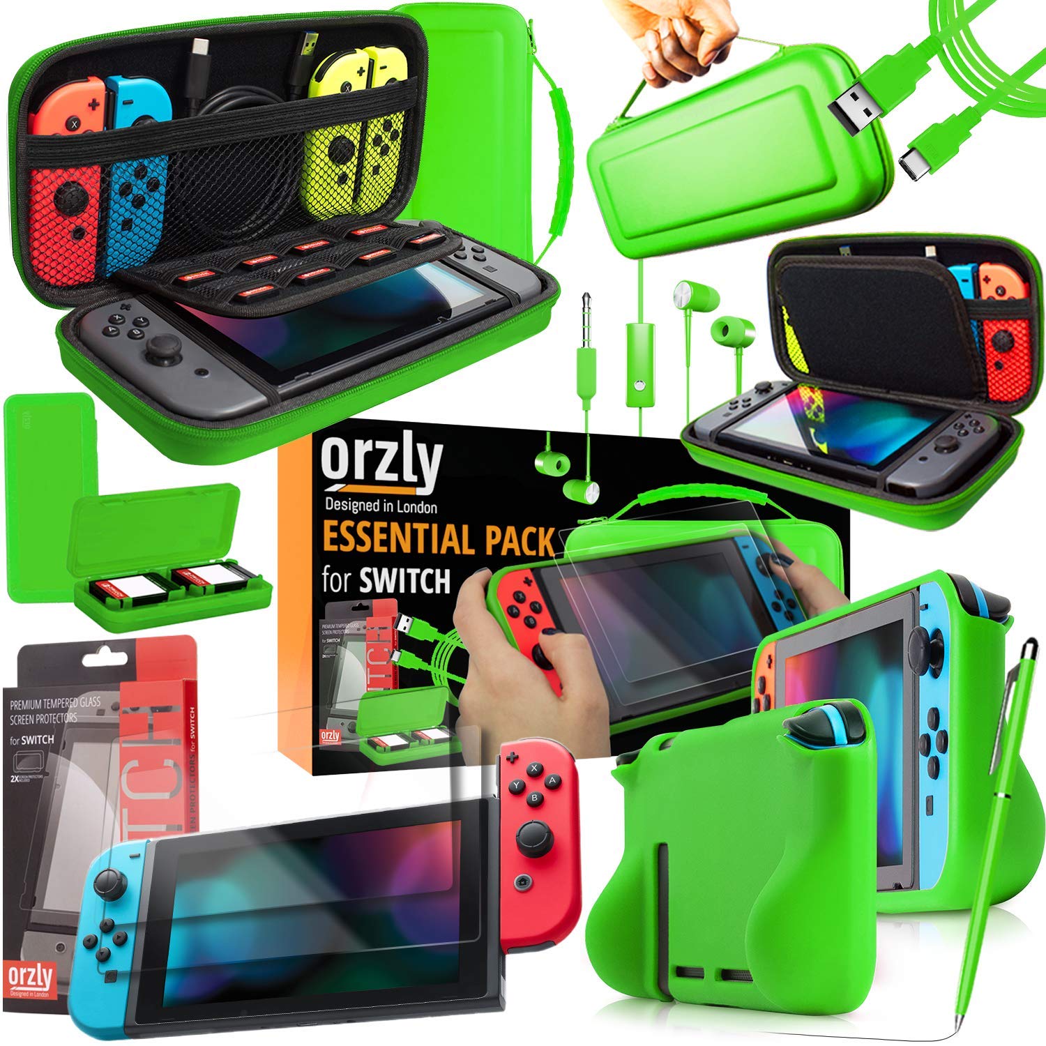 Orzly Switch Accessories Bundle - Includes Orzly Carry Case for Nintendo Switch Console  Tempered Glass Screen Protectors  USB Charging Cable  Switch Games Case  Comfort Grip Case & Headphones [Green]