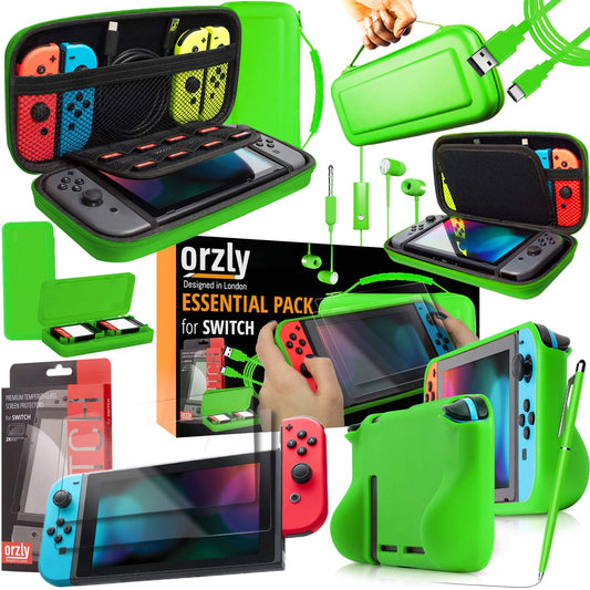 Orzly Switch Accessories Bundle - Includes Orzly Carry Case for Nintendo Switch Console  Tempered Glass Screen Protectors  USB Charging Cable  Switch Games Case  Comfort Grip Case & Headphones [Green]
