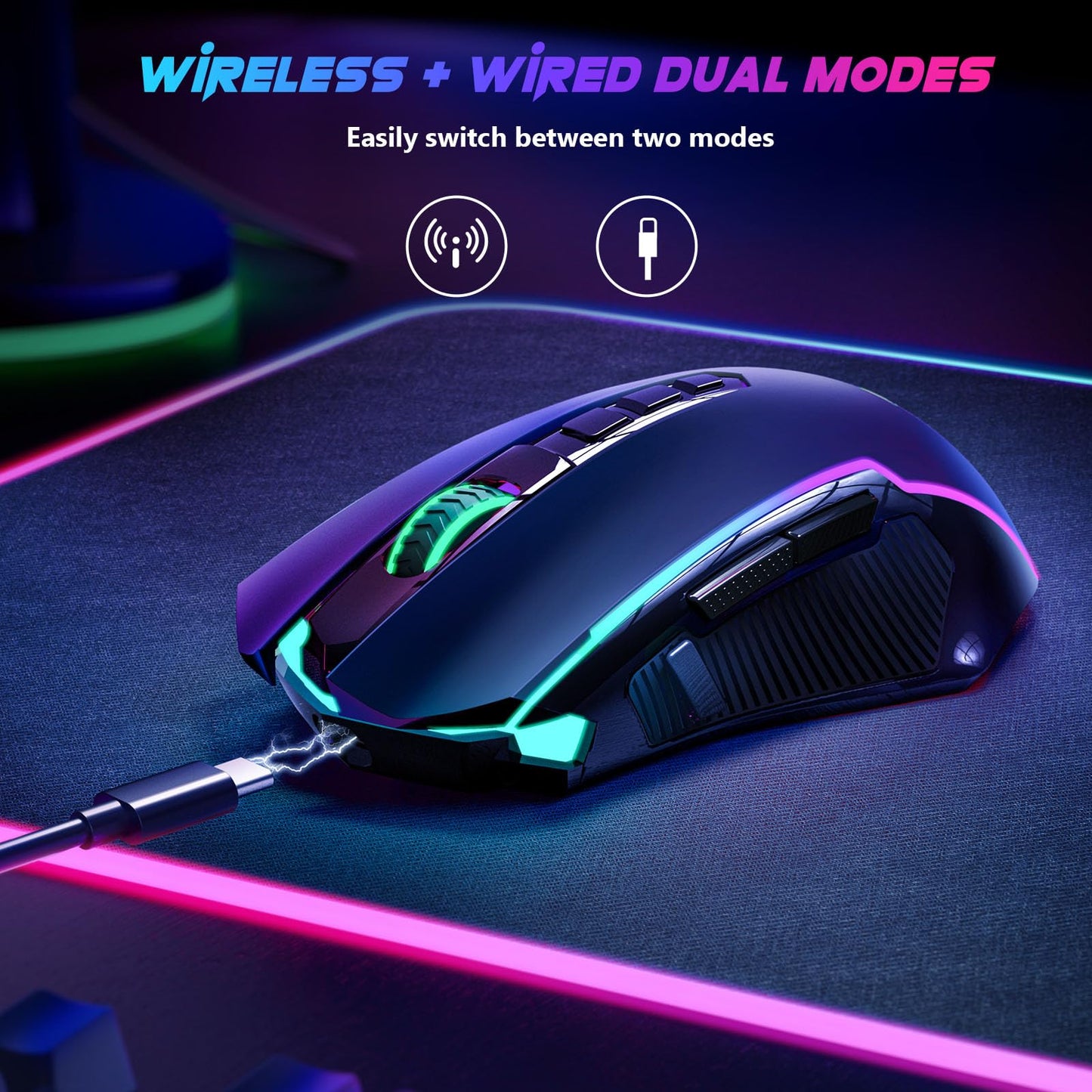 Redragon M910-KS Wireless Gaming Mouse - 8000 DPI, RGB Backlit, Ergonomic Design, Rechargeable, Black