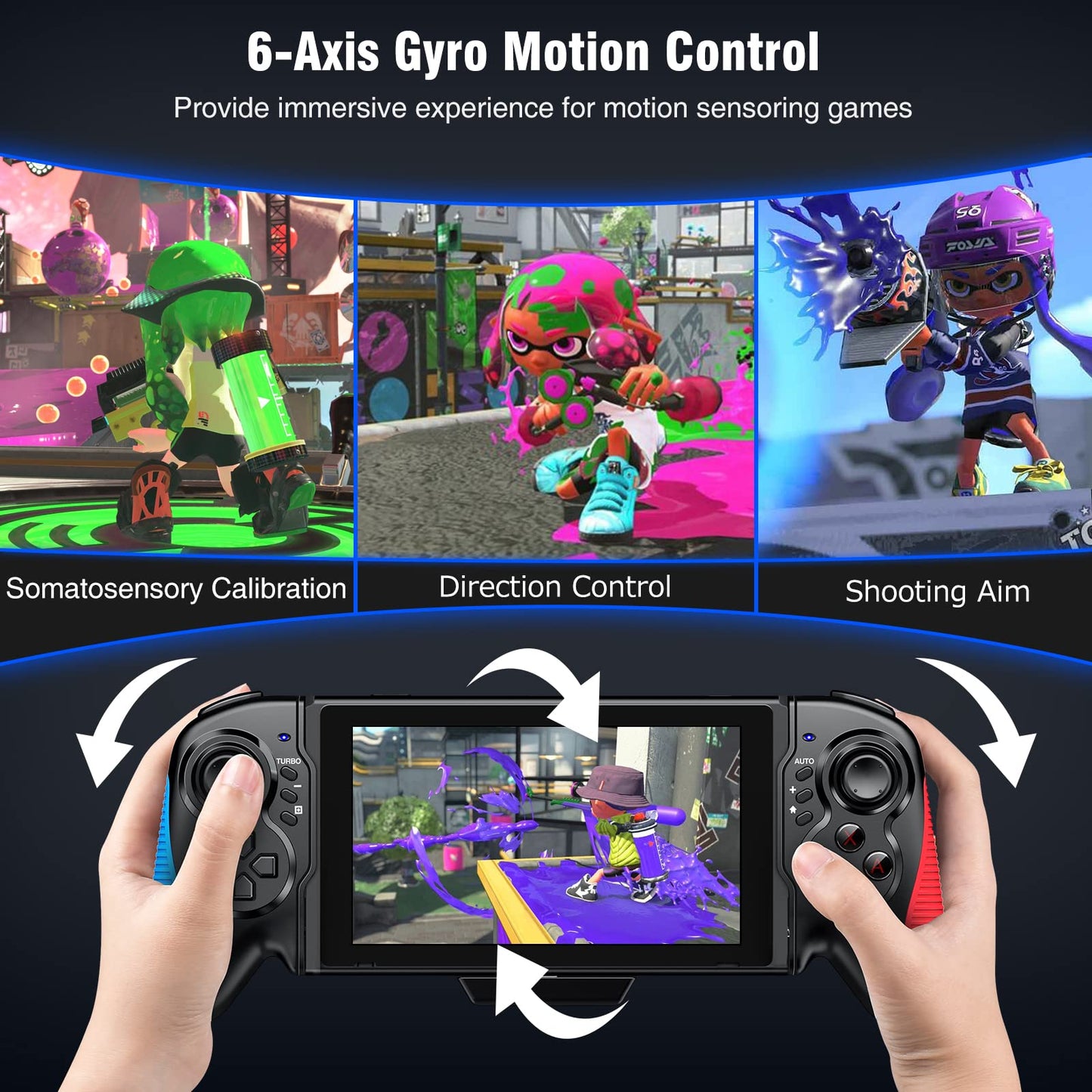 HUDOBBYE Switch Controller - Ergonomic Rechargeable Grip, Turbo & Dual Vibration, Red-Blue for Switch/Switch OLED Handheld Mode