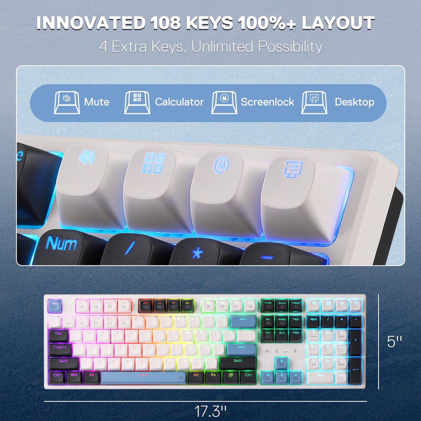 Redragon K668 Wired Mechanical Gaming Keyboard, 108 Keys, RGB, Hot-swappable, Glacier Azure