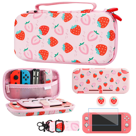 GLDRAM Strawberry Case for Nintendo Switch Lite  Pink Cute Travel Carrying Case for Switch Lite Accessories Bundle with Soft Protective Cover  Screen Protector  Thumb Caps & Shoulder Strap for Girls