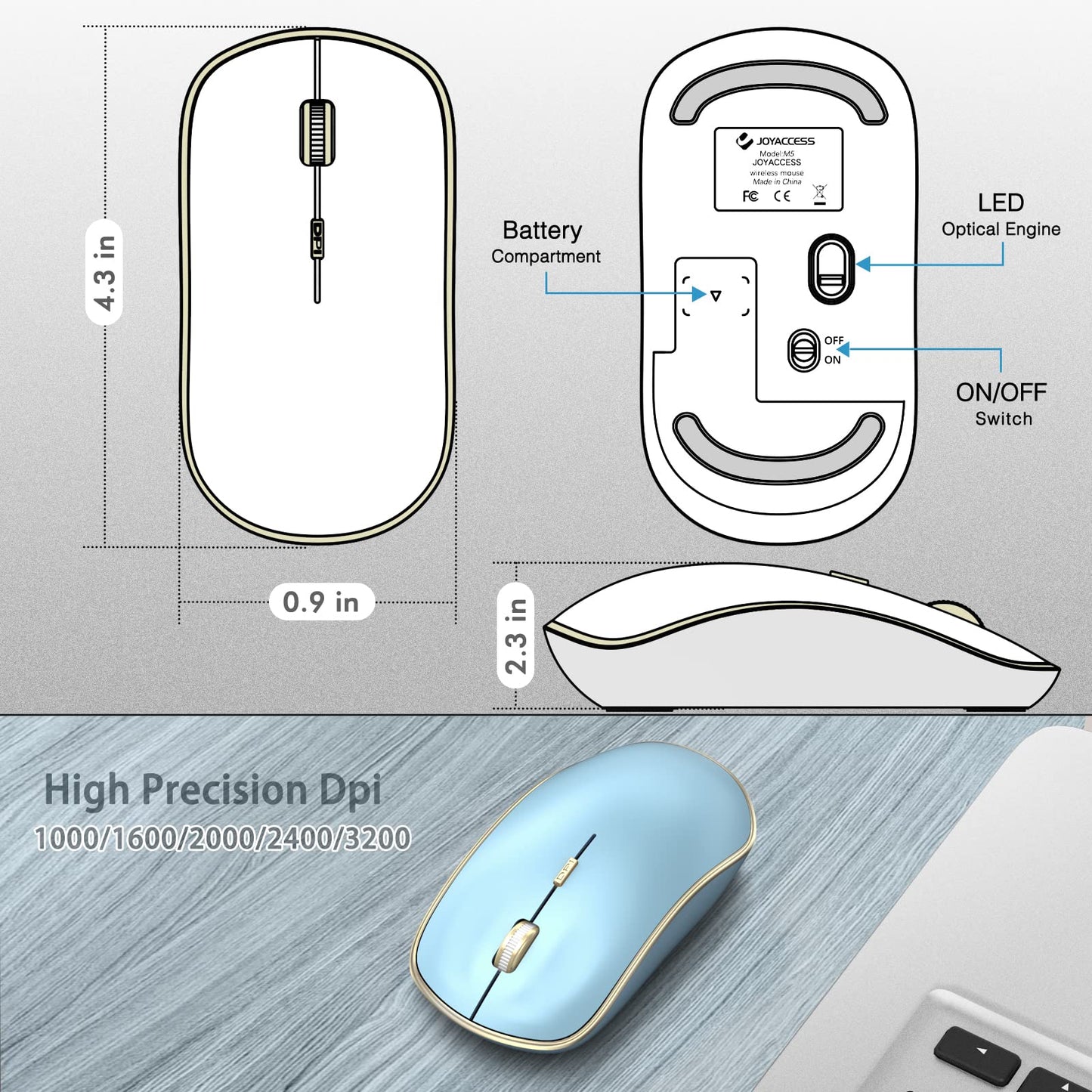 JOYACCESS Wireless Mouse - 5 DPI Levels, Silent, Blue, Model XRF-M1B-BU for Laptop, MacBook, Chromebook, PC
