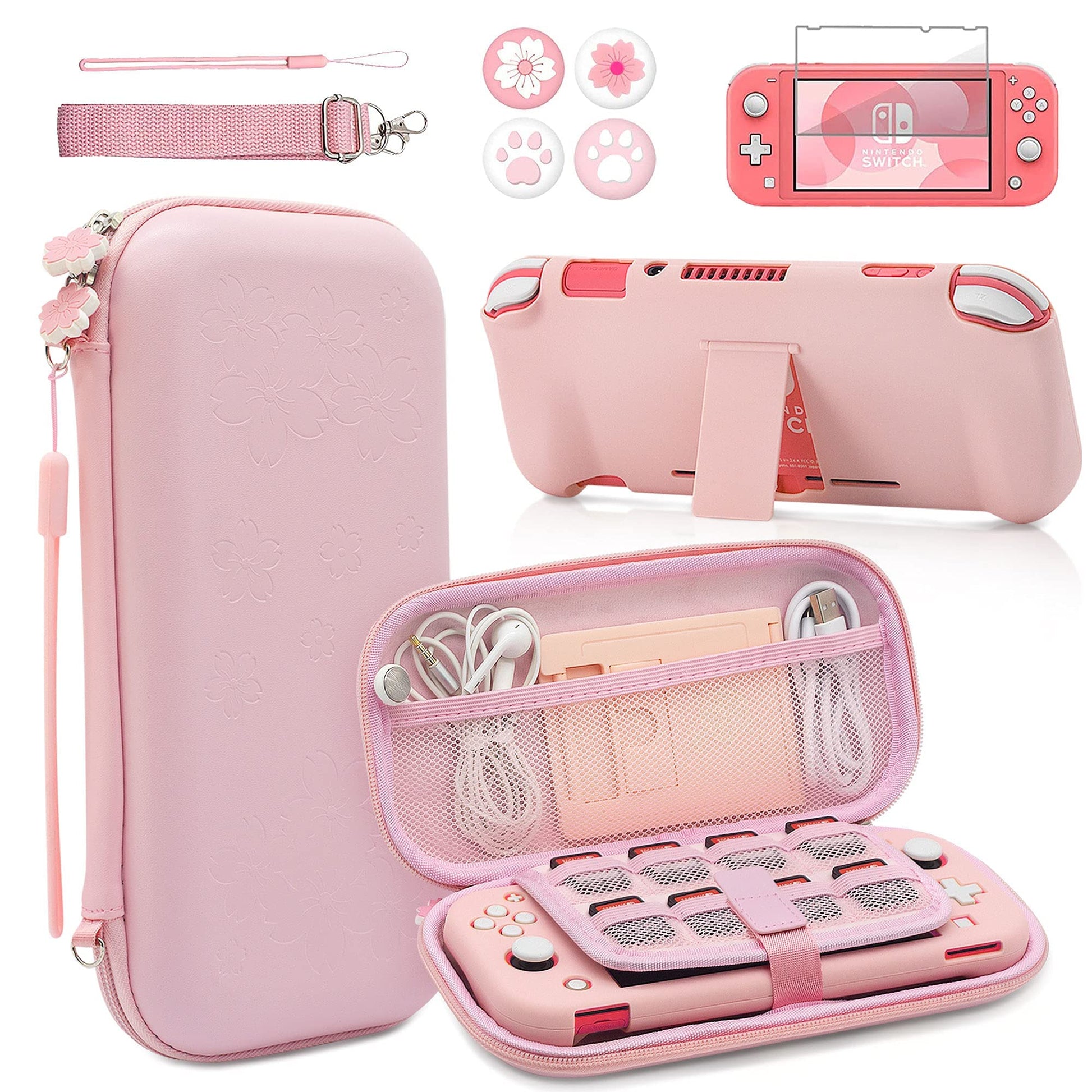 BRHE Pink Travel Carrying Case Accessories Kit for Switch Lite  Hard Protective Cover Skin Shell with Stand  Glass Screen Protector  Thumb Grip Caps 9 in 1