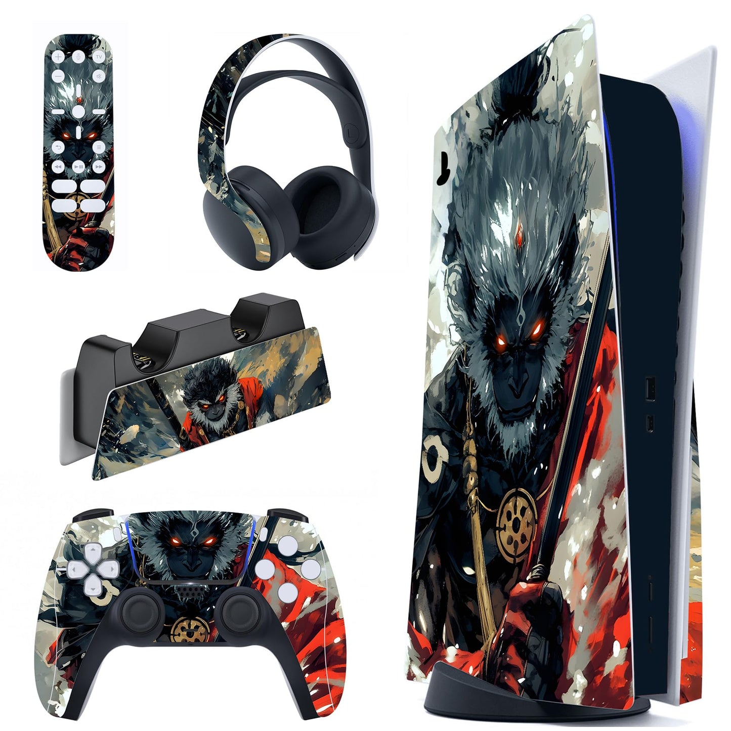 PlayVital for ps5 Skin - Disc Edition Full Set Console Controller Skin  Vinyl Decal Wrap Sticker Cover for ps5 Controller & Charging Station & Headset & Media Remote - Fallen Wukong