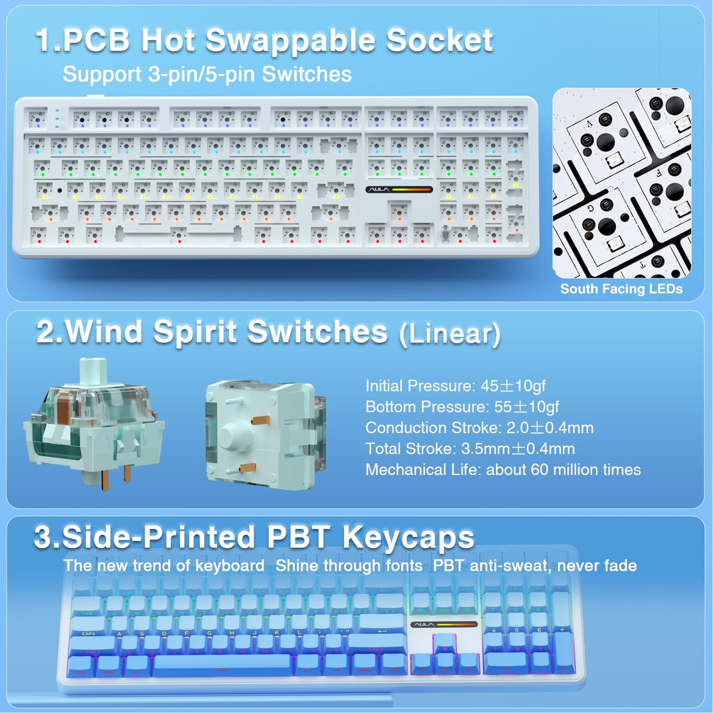 AULA F108 Wireless Mechanical Keyboard - Hot Swappable, RGB Backlit, 108 Keys, BT5.0/USB-C/2.4GHz, No Knob-Gradient Blue
