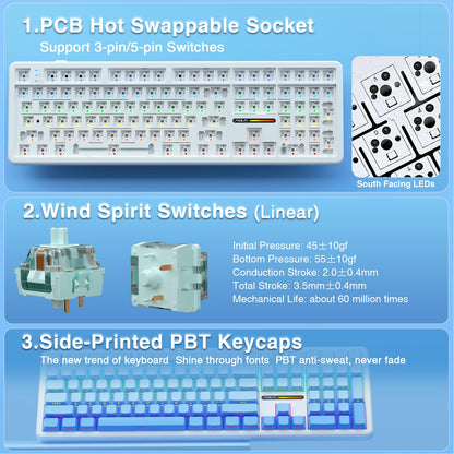AULA F108 Wireless Mechanical Keyboard - Hot Swappable, RGB Backlit, 108 Keys, BT5.0/USB-C/2.4GHz, No Knob-Gradient Blue