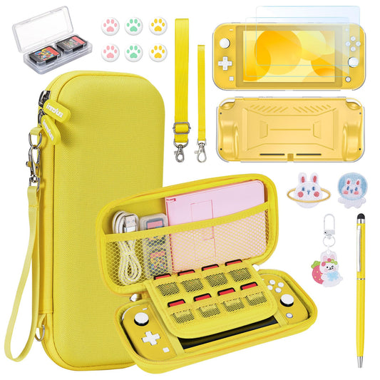 innoAura Switch Lite Case 18-in-1 Accessories Bundle for NS Switch Lite (2019)  with Protective Carrying Case  Game Holder  Screen Protector & Cute Thumb Grips  Yellow