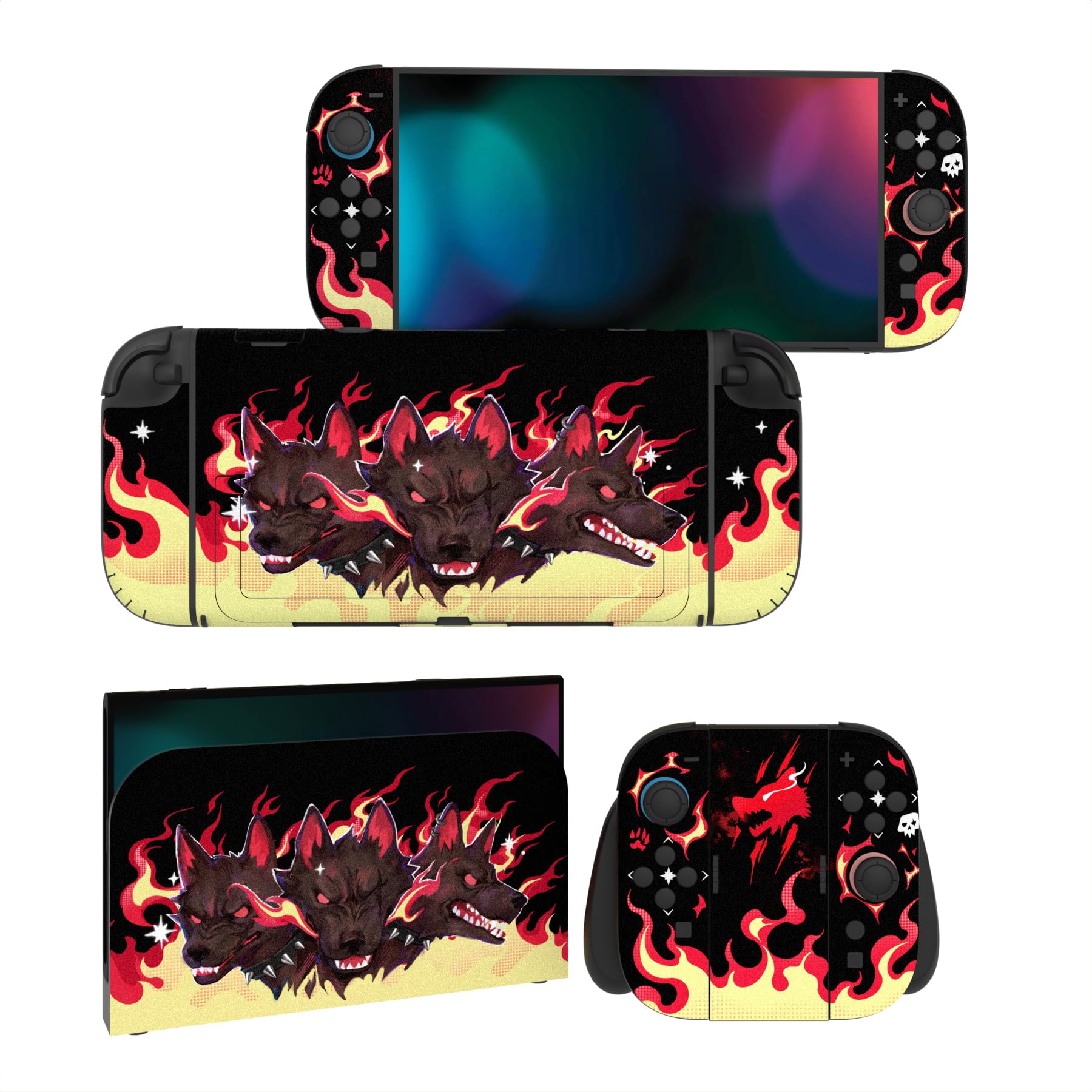 PlayVital for Nintendo Switch 2 Skin Full Set (2-Pack) - Protective Vinyl Decal Stickers for Switch 2 Console  Joycons  Handle Grips & Dock | No Residue  Anti-Scratch - Infernal Hounds