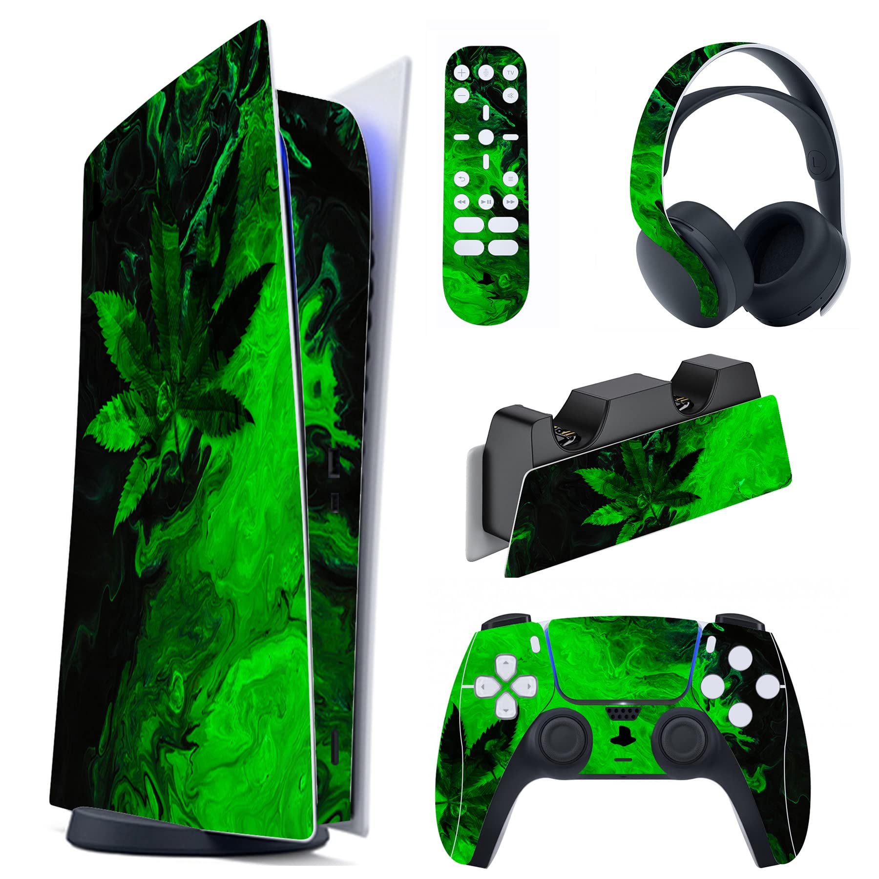 PlayVital Green Leaf Full Set Skin Decal for ps5 Console Digital Edition  Sticker Vinyl Decal Cover for ps5 Controller & Charging Station & Headset & Media Remote