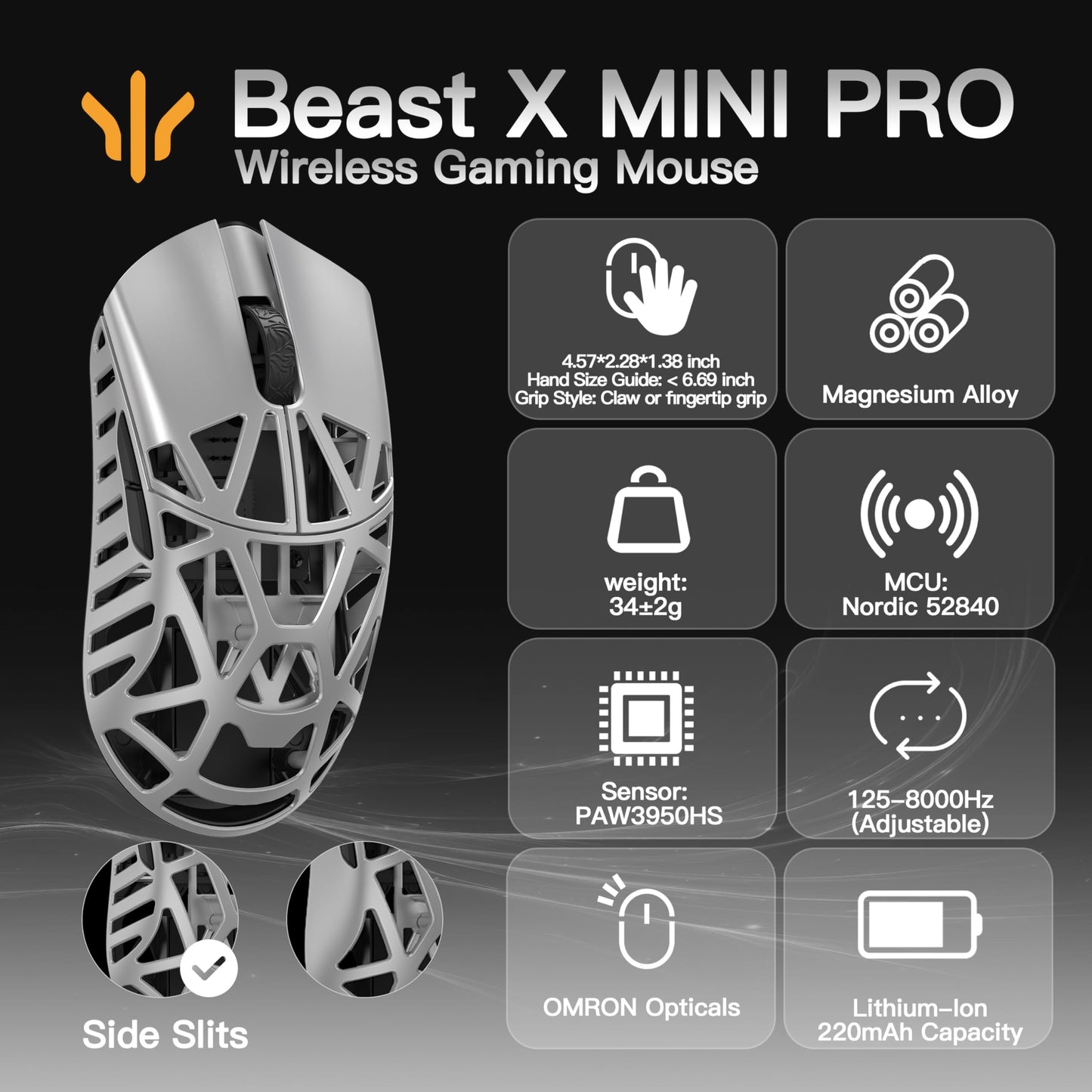 SMACKAPE Gaming Mouse Beast X Mini Pro, 34g, 30000 DPI, 8K Polling Rate, Silver (OM Switch-Side Slits), 116mm x 58