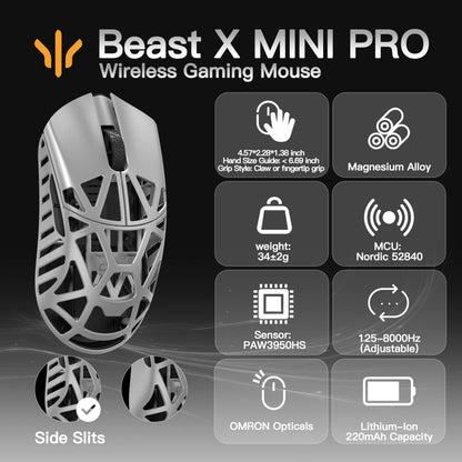 SMACKAPE Gaming Mouse Beast X Mini Pro, 34g, 30000 DPI, 8K Polling Rate, Silver (OM Switch-Side Slits), 116mm x 58
