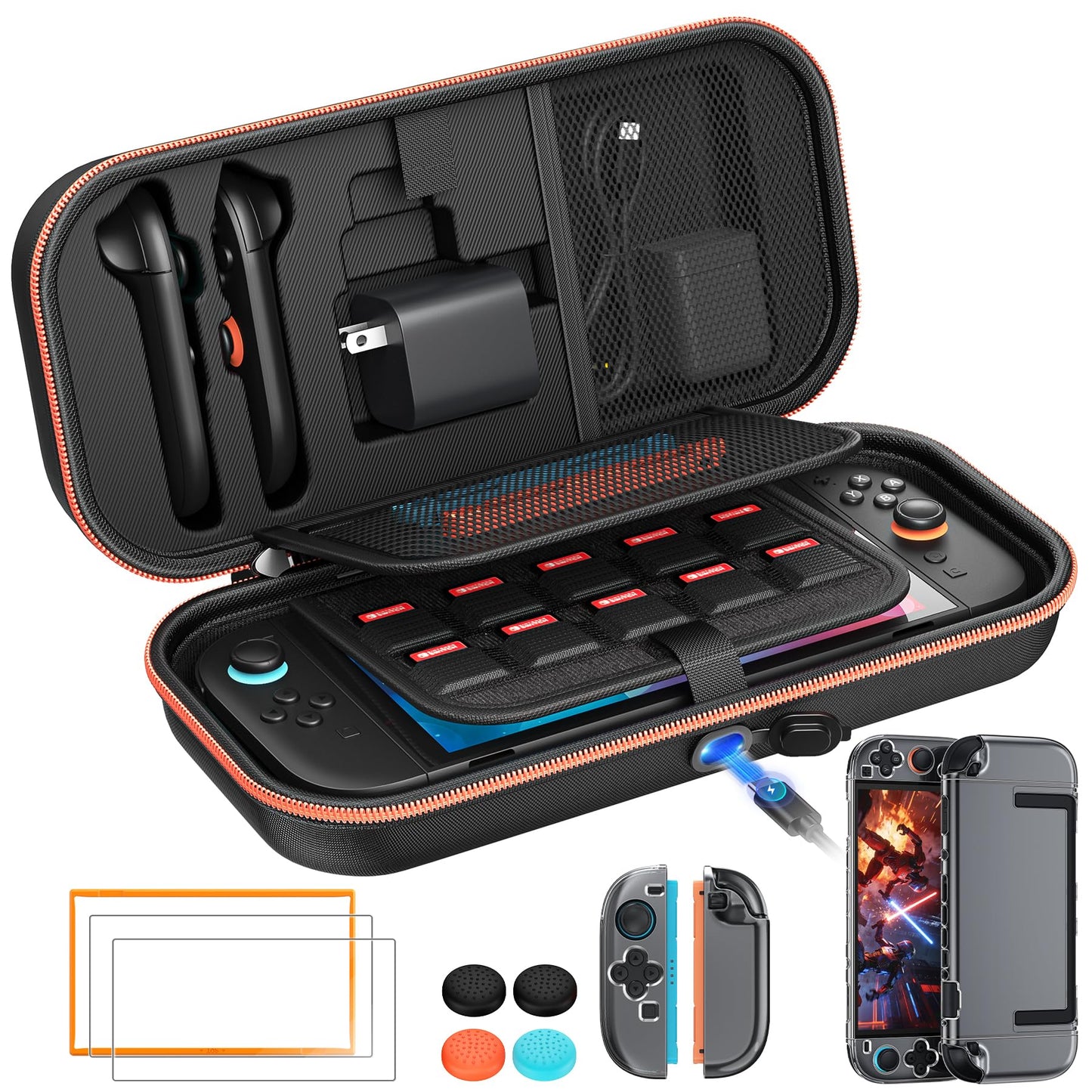 [Charge inside] Carrying Case for Nintendo Switch 2 2025 / Switch OLED with Adapter and for Joy Cons Storage  Travel Case with Clear Protective Case for Switch 2 Console (Black Set)