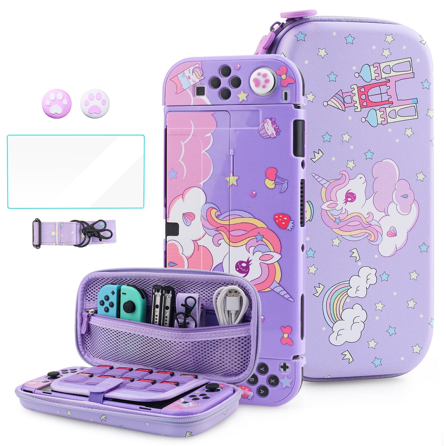 HYPERCASE Cute Carrying Case Set for Nintendo Switch OLED  with Purple Switch Travel Bag of Unicorn  PC Switch OLED Protective Cover Skin  Screen Protector  Shoulder Strap & Thumb Caps