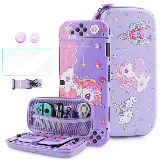 HYPERCASE Cute Carrying Case Set for Nintendo Switch OLED  with Purple Switch Travel Bag of Unicorn  PC Switch OLED Protective Cover Skin  Screen Protector  Shoulder Strap & Thumb Caps