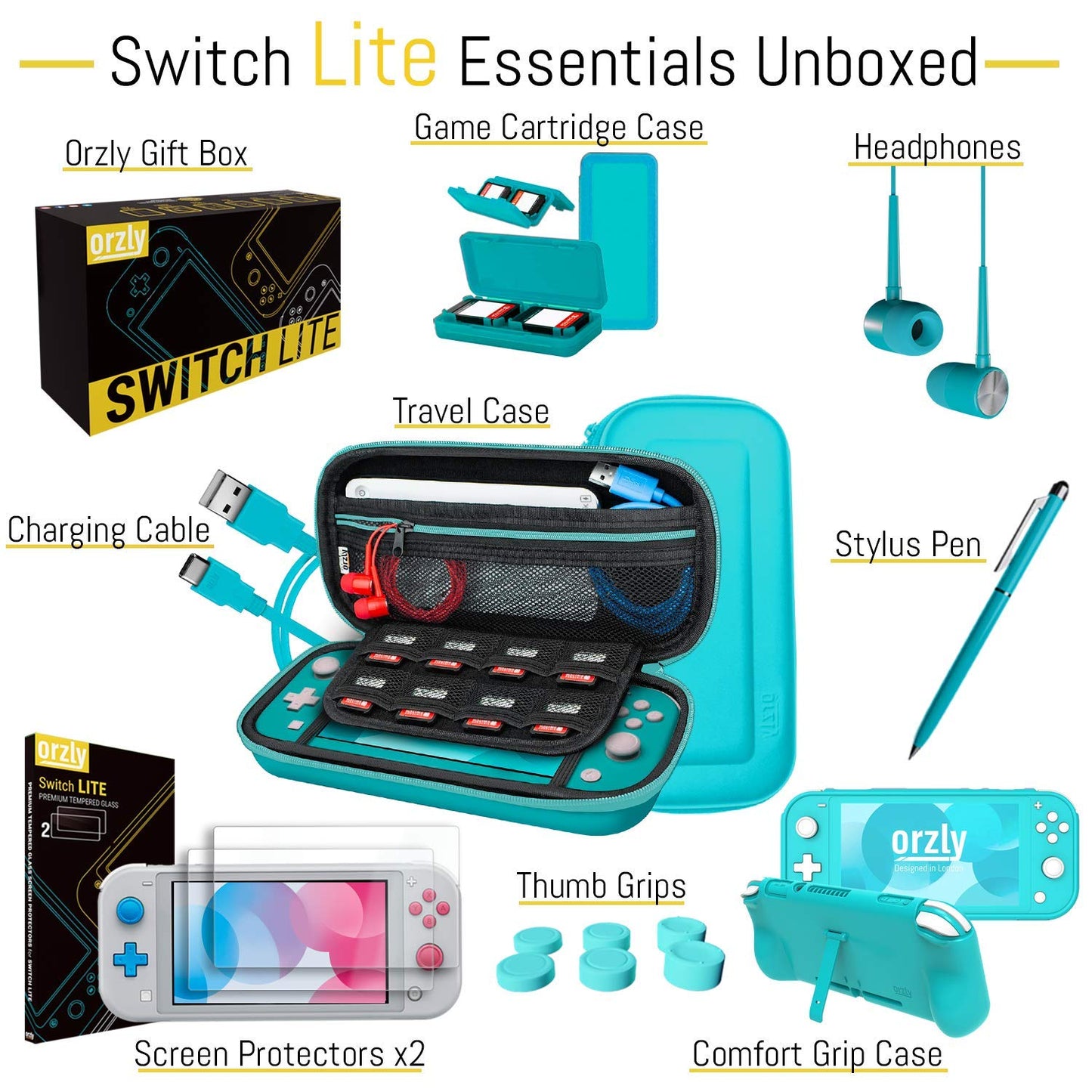 Orzly Switch Lite Accessories Bundle - Case, Screen Protector, USB Cable, Grip Case, Turquoise Blue