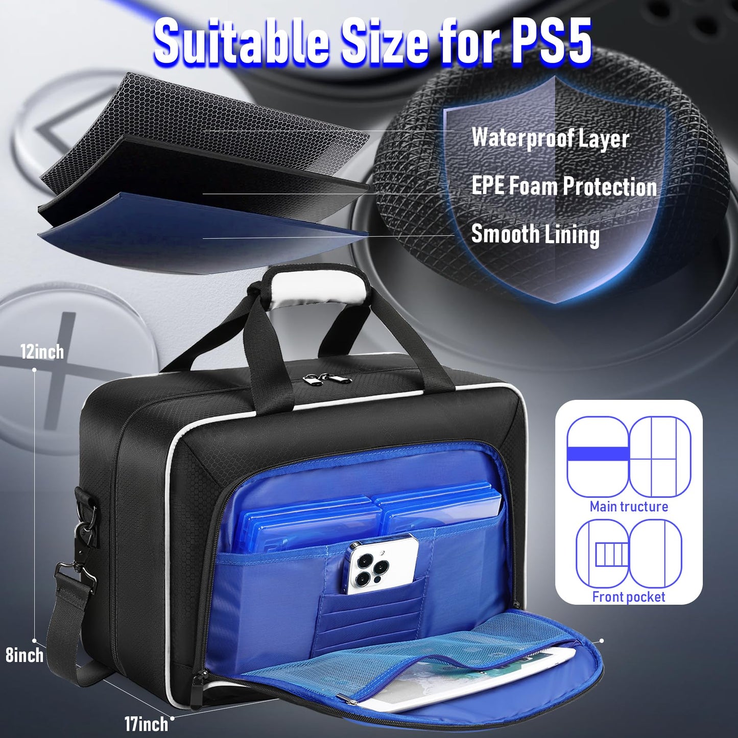 COMECOI PS5 Carrying Case - Large Protective Travel Bag for PS5, White, Model HX0001, Compatible with Console & Accessories