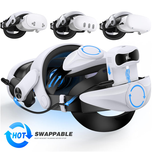 DXKK VR Headset Battery Head Strap for Meta Quest 3/2 - Soft Padding, Double Adjustment Dials, White, Extra 3-4Hrs Playtime