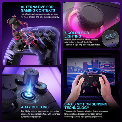 linhugame Wireless Controller for Switch, Hall Effect Joysticks, 6-Axis Gyro, Turbo, 1000mAh Battery, Black, Model A211