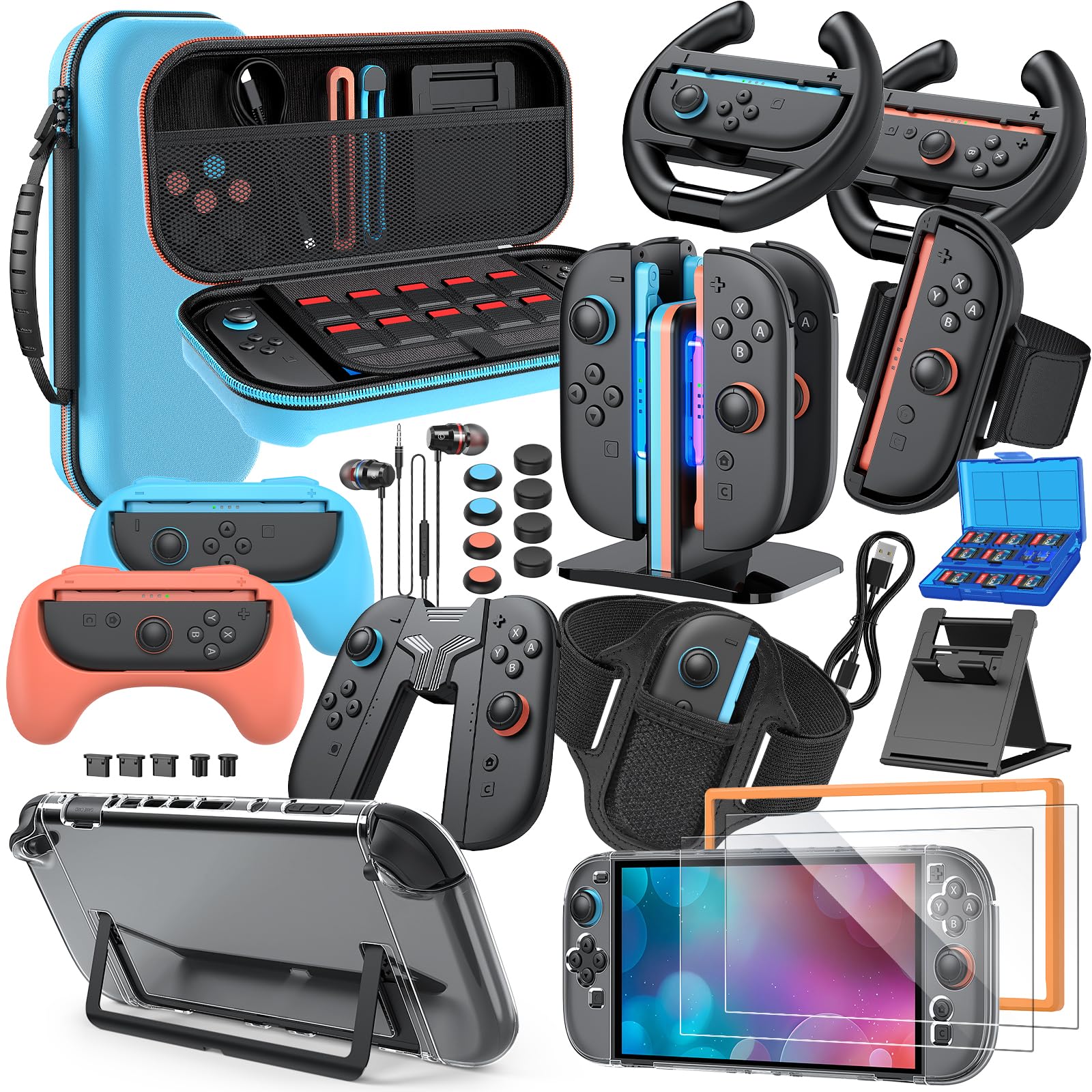 Switch 2 Accessories Bundle  30-in-1 Kit for Nintendo Switch 2: Carrying Case  Controller Charger Dock  Grips for JoyCon  Steering Wheels  Wrist Band  Leg Strap  Protective Cover for Switch 2 Console  Blue (30Pcs)