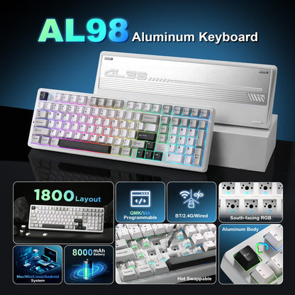 YUNZII AL98 Wireless Mechanical Gaming Keyboard, RGB Backlit, Cocoa Cream V2 Switch, Full Aluminum, White, Gasket Mount, BT/2.4G/USB-C
