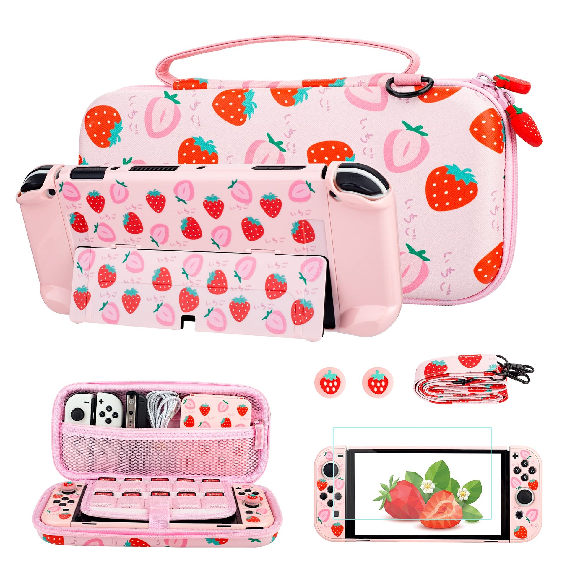 FUNDIARY Strawberry Pink Carrying Case for Nintendo Switch OLED  Cute Travel Case Protector for Switch oled Accessories with Strawberry Carry Bag Pink Protective Cover Screen Protector and Thumb Caps