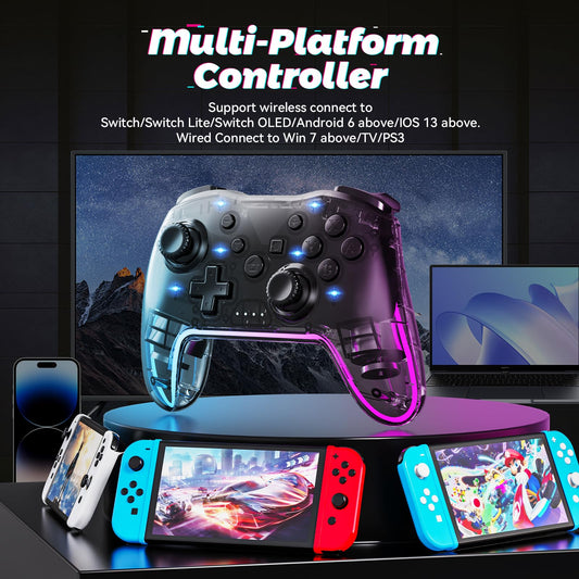 Twylyte Wireless Controller for Switch/Lite/OLED & PC - RGB Backlight, Turbo & Vibration, Transparent Black