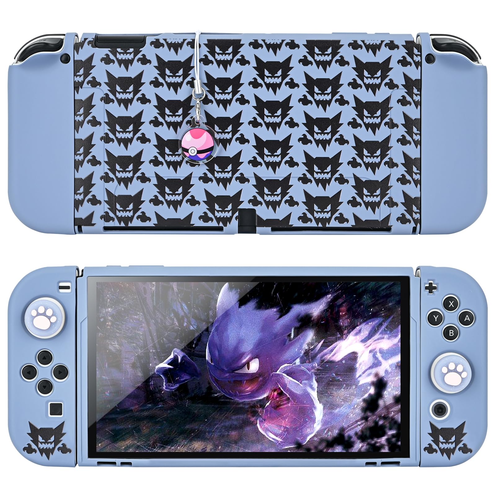 DLseego Dockable Case Design for Switch OLED  Anti-Slip Shock-Absorption Protective Soft Carrying Case and Joy Con Controller with 1 PCS Elf Ball Pendant and 2 Thumb Grip Caps-Gray Animal Monster