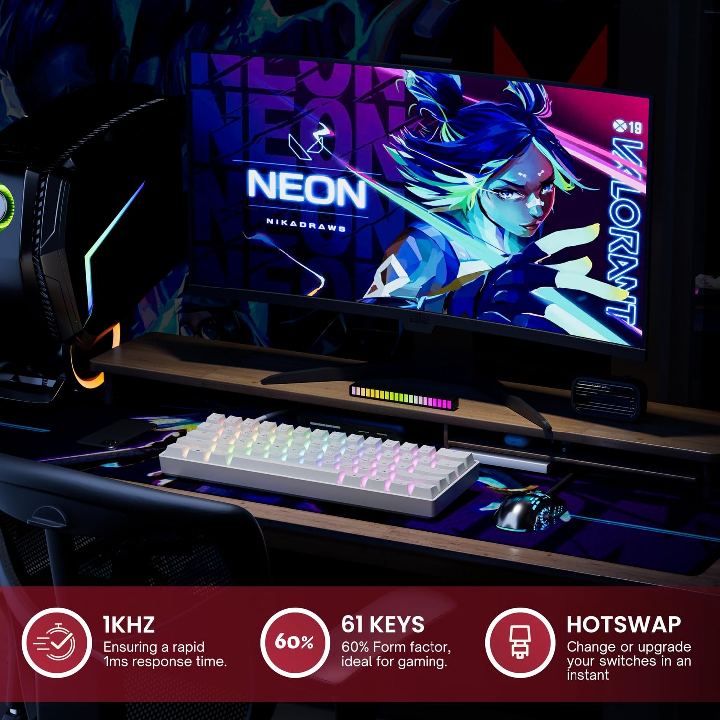 HK GAMING GK61 Mechanical Gaming Keyboard - 61 Keys, Gateron Optical Yellow, RGB LED Backlit, Wired, White for PC/Mac Gamer