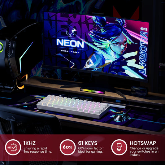 HK GAMING GK61 Mechanical Gaming Keyboard - 61 Keys, Gateron Optical Yellow, RGB LED Backlit, Wired, White for PC/Mac Gamer