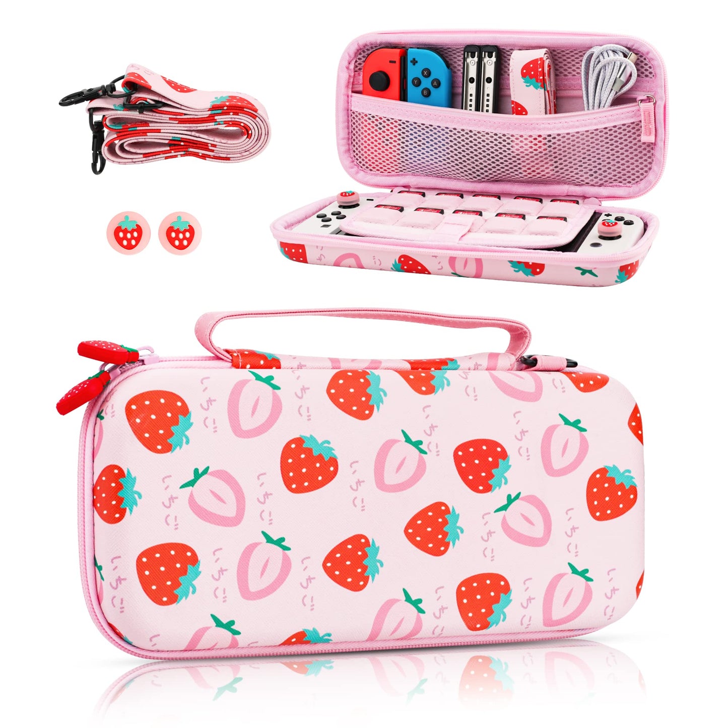 FUNDIARY Pink Strawberry Travel Carrying Case for Nintendo Switch and Switch OLED  Shockproof Accessories Bundle for Switch Console Grip with Slim Portable Storage Bag  Shoulder Strap & 2 Thumb Caps
