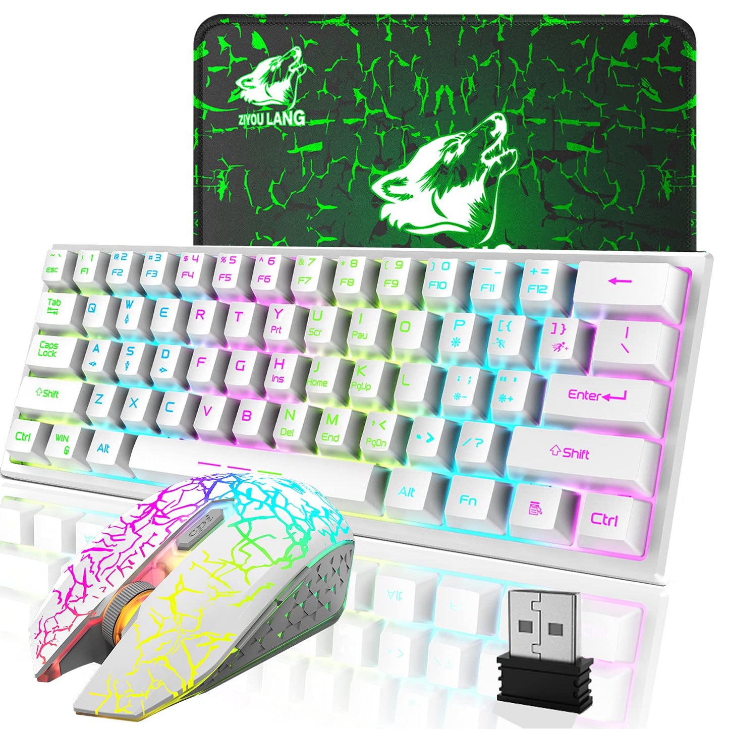 LexonElec Wireless Gaming Keyboard and Mouse Combo, 61 Key RGB Backlit, Ergonomic Design, Rechargeable, White Rainbow, Model T61