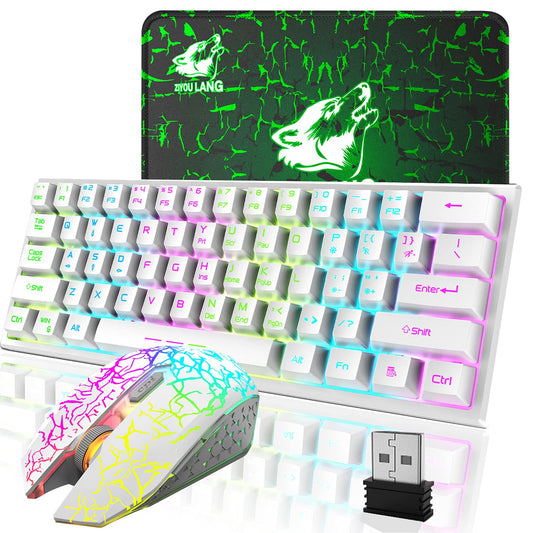 LexonElec Wireless Gaming Keyboard and Mouse Combo, 61 Key RGB Backlit, Ergonomic Design, Rechargeable, White Rainbow, Model T61