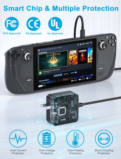 Feirsh 45W USB-C Charger for Steam Deck, Switch, Xbox & Devices - Black, Fast Charging with 5.9FT Cable