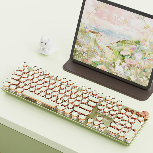 EWEADN V20 Typewriter Keyboard Wireless  104 Keys Typewriter Style Mechanical with White Backlit  Media Knob  Pink Switch 2.4G/Bluetooth/USB-C Wired Retro Full Size Keyboard for Windows/Mac/PC-Green