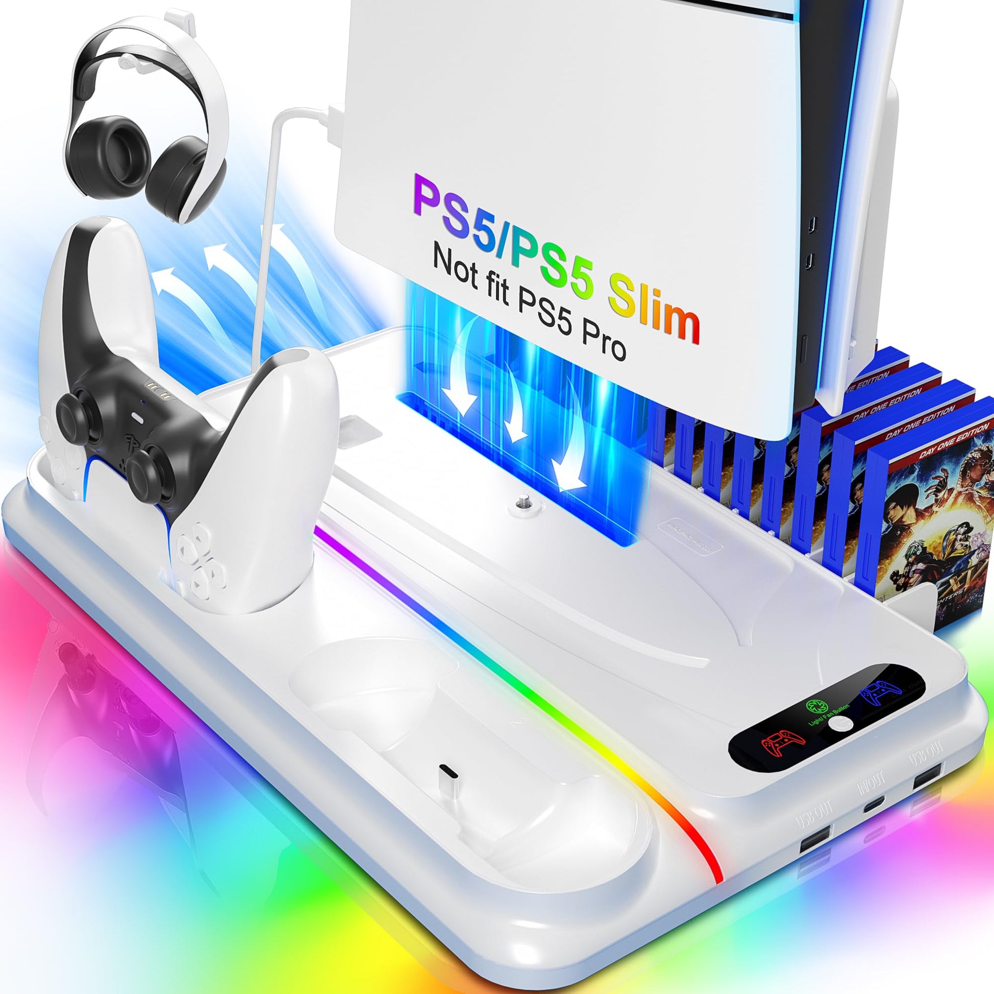 PS5 Cooling Station for PS5/PS5 Slim Disc Digital Console  PS5 Cooling Stand PS5 Slim Cooling Station  PS5 Stand PS5 Accessories with PS5 Controller Charger  3 Level Fan  12 Game Slots  RGB Lights