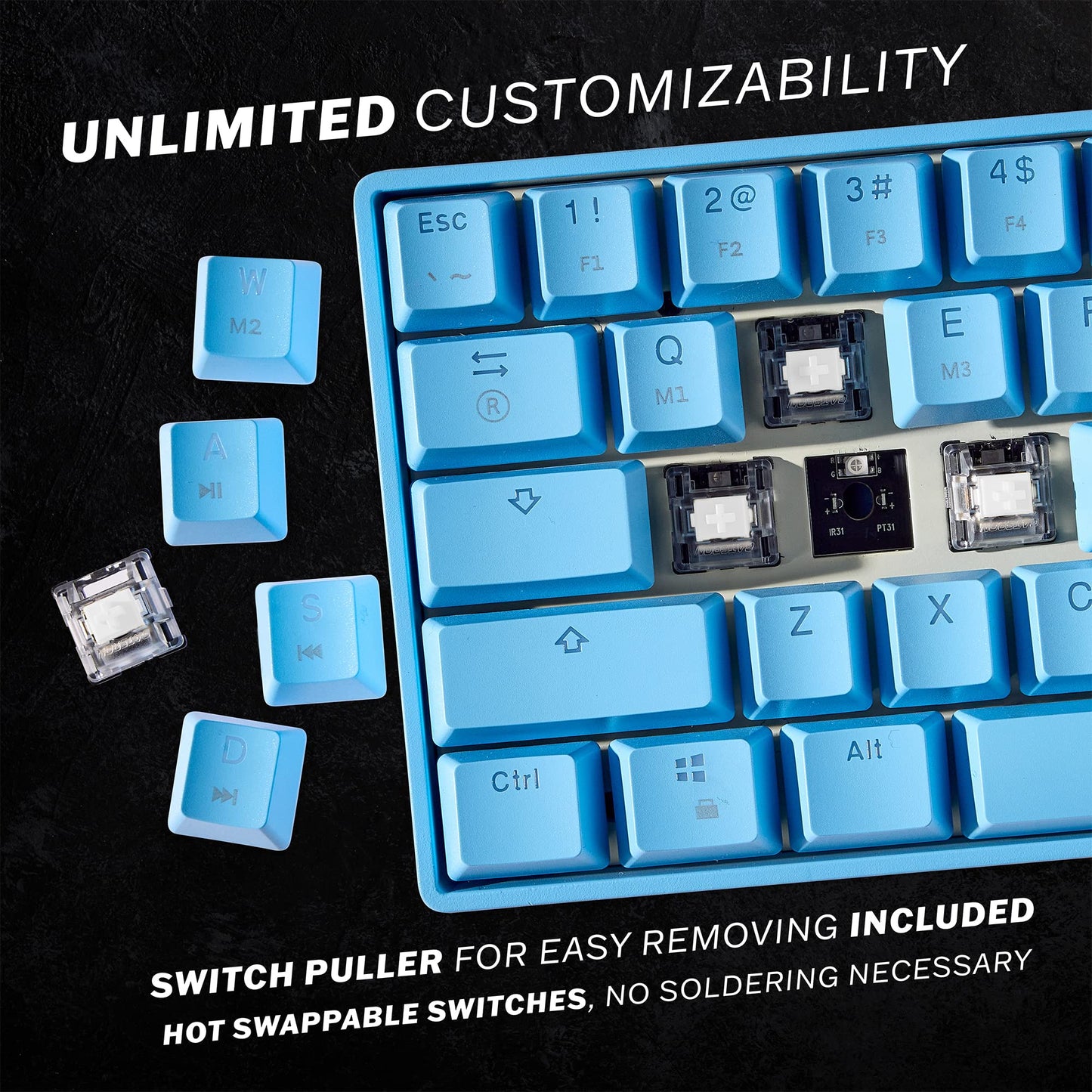 HK Gaming GK61 Keycap Set - Gateron Optical Blue, Blue Color for Mechanical Keyboard
