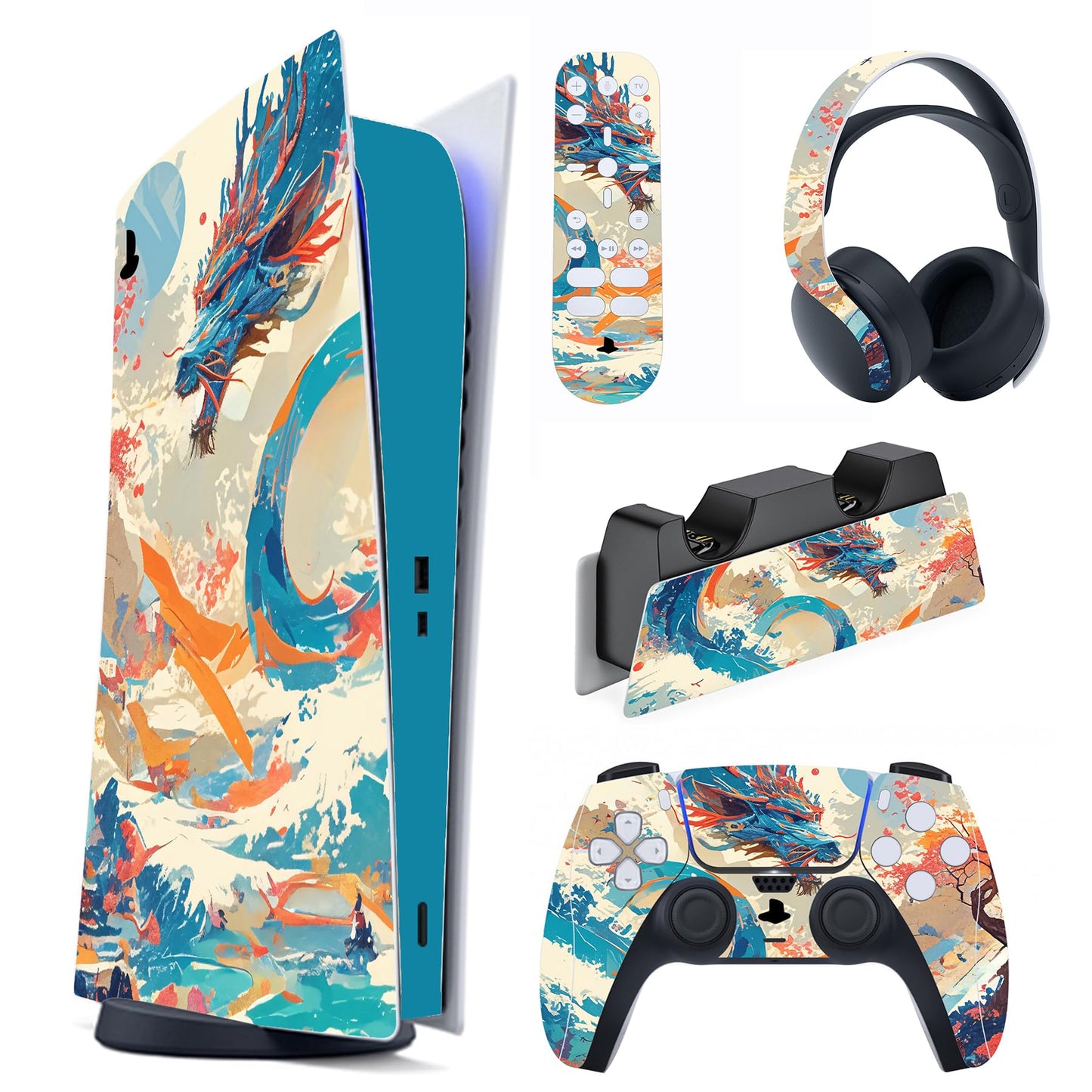 PlayVital Full Set Skin Decal for ps5 Console Digital Edition  Sticker Vinyl Decal Cover for ps5 Controller & Charging Station & Headset & Media Remote - Dragons Elysium