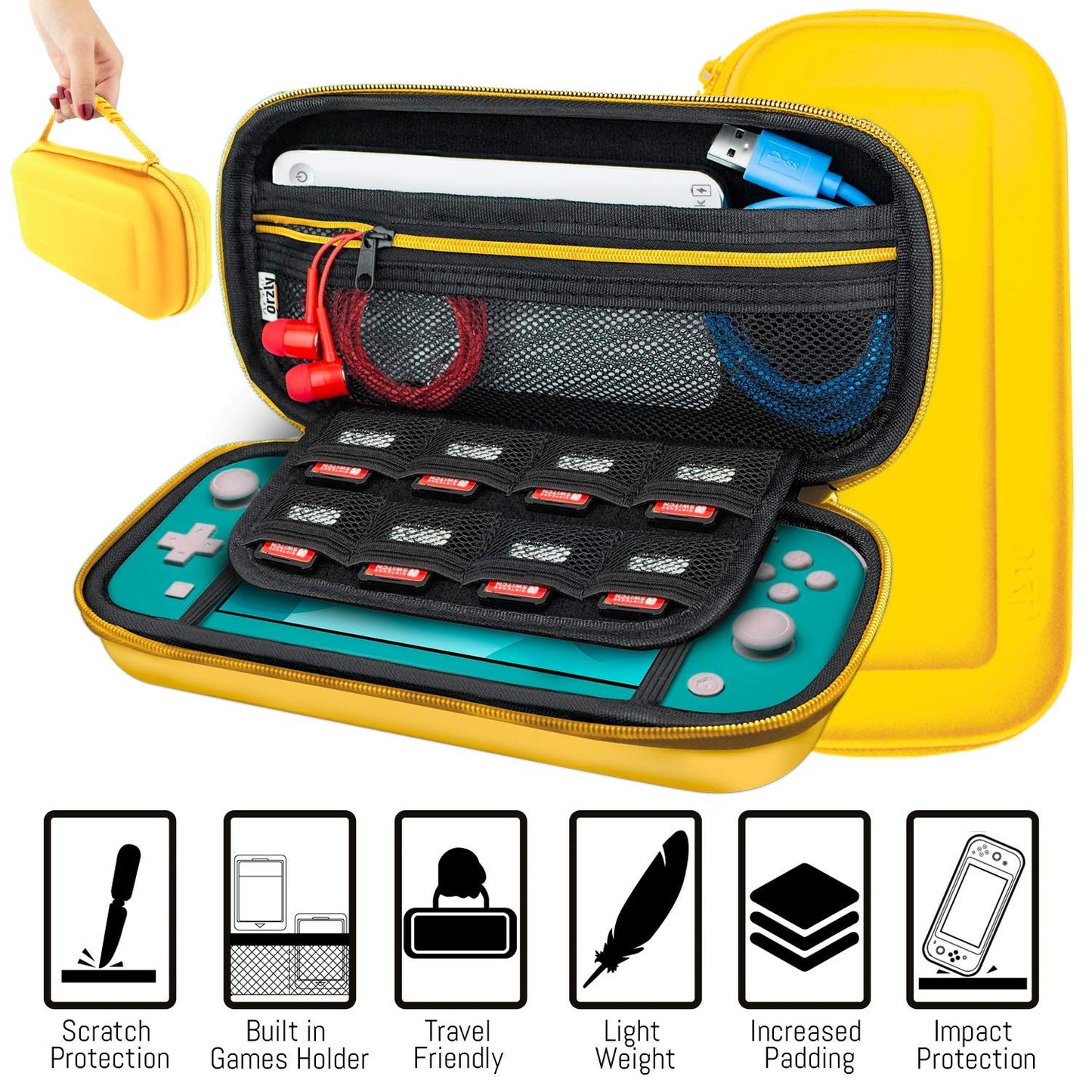 Orzly Switch Lite Accessories Bundle - Yellow Case, Screen Protector, USB Cable, Games Holder & More (Model: ORZACCPACK2NSWLITEYLLW)