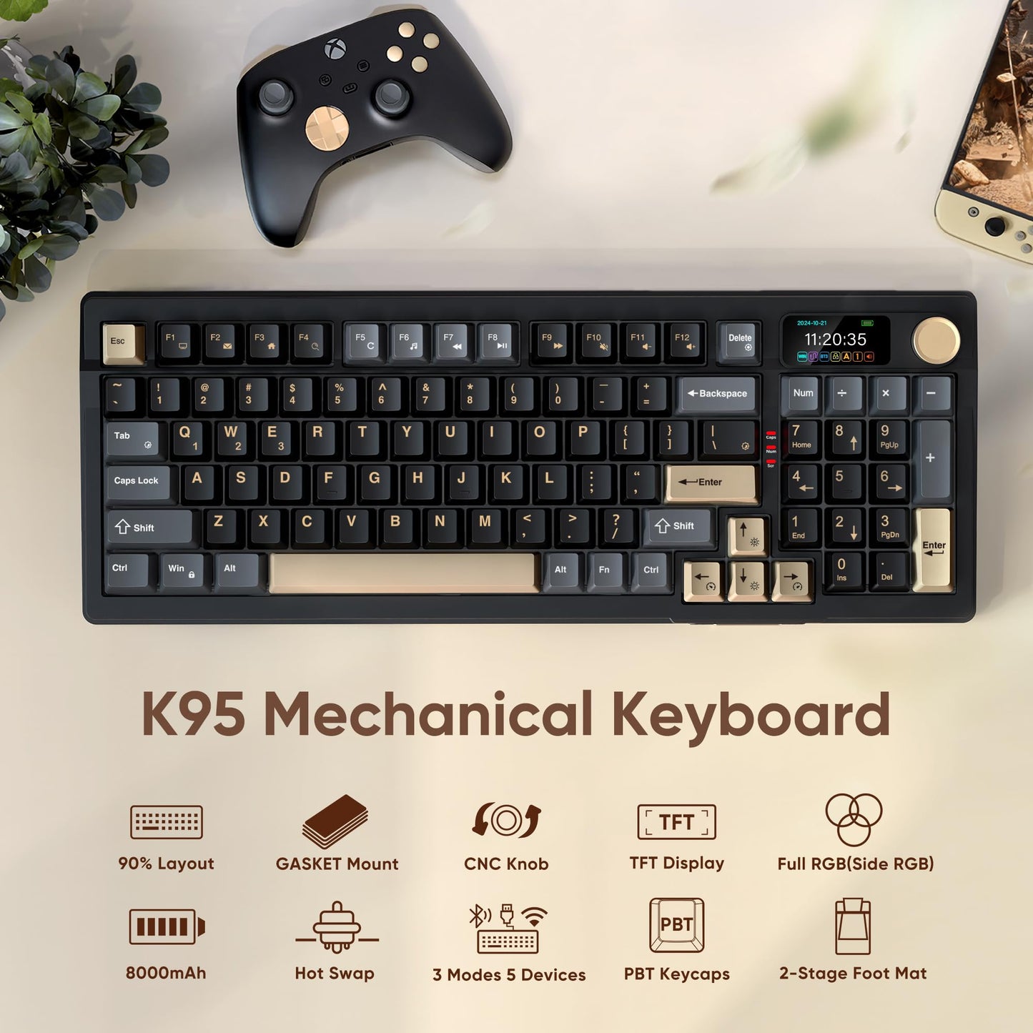 RedThunder K95 Wireless Mechanical Keyboard - TFT Screen, Tri-Mode, RGB, Black-Gold