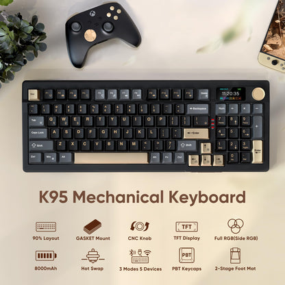 RedThunder K95 Wireless Mechanical Keyboard - TFT Screen, Tri-Mode, RGB, Black-Gold