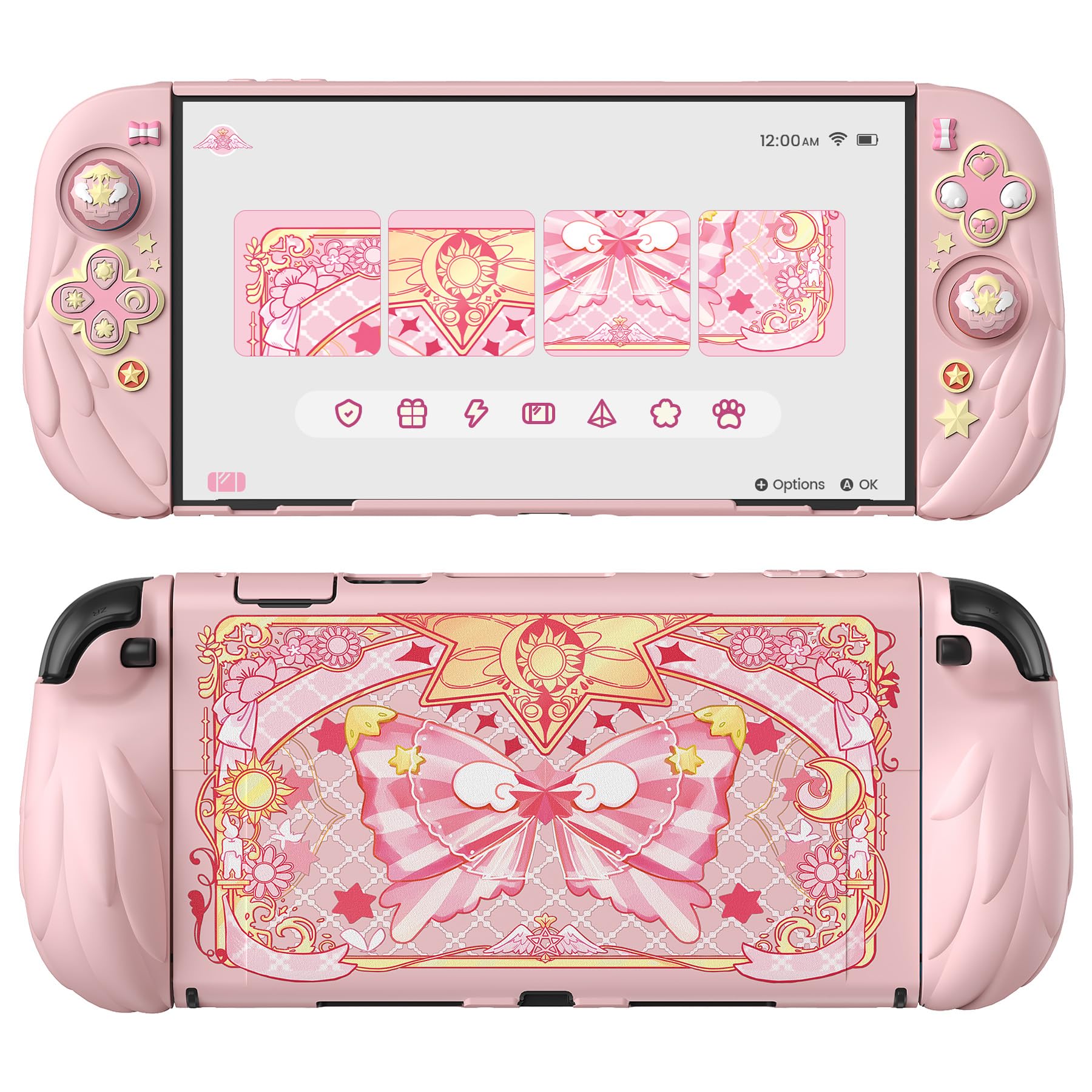 PlayVital Magic Wings Protective Case with Stand for Nintendo Switch 2 | Joycon Silicone Grips  PC Console Hard Shell  2 Joystick Caps | Cute Animal Accessories Dockable Cover for Switch 2 - Pink
