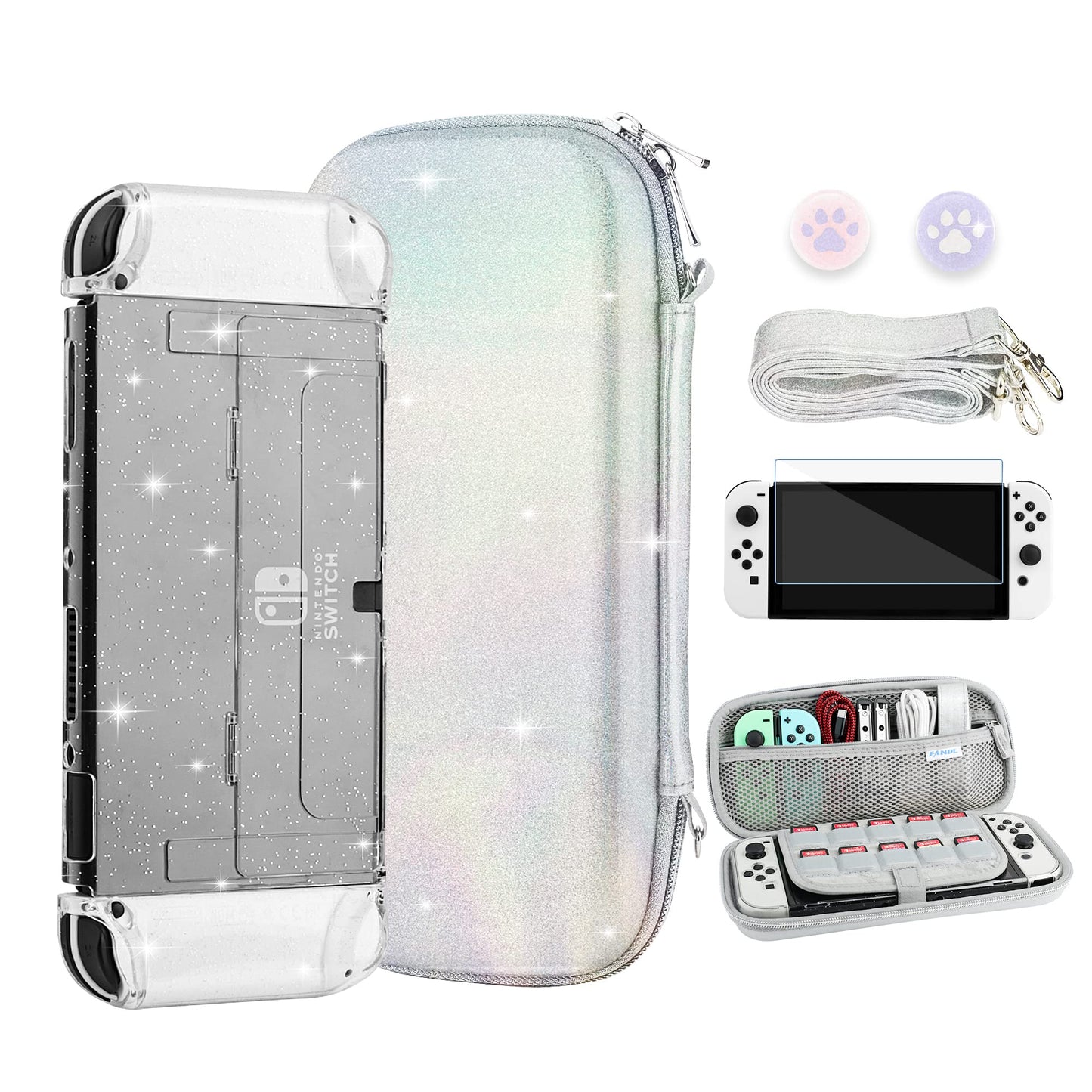 FANPL Glitter Case bundle for Nintendo Switch OLED Accessories  Rainbow Sparkle Carrying Case for Switch OLED and Joy Con with Protective Cover and Screen protector  2 Thumb Grips  Shoulder Strap