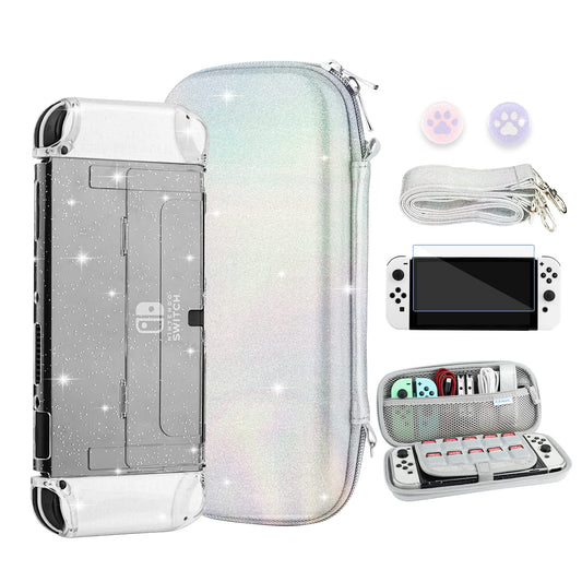 FANPL Glitter Case bundle for Nintendo Switch OLED Accessories  Rainbow Sparkle Carrying Case for Switch OLED and Joy Con with Protective Cover and Screen protector  2 Thumb Grips  Shoulder Strap